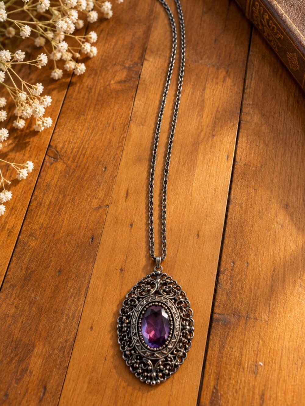 Whimsigoth Purple Crystal Filigree Pendant Necklace